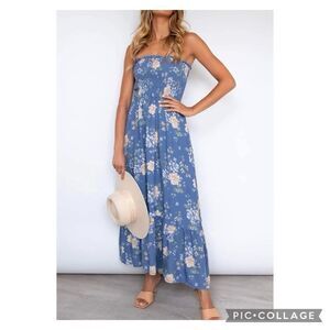 Blu Floral Smocked Strapless Maxi Dress Med